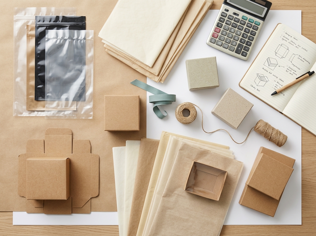 Small business owner comparing sustainable packaging options on workspace