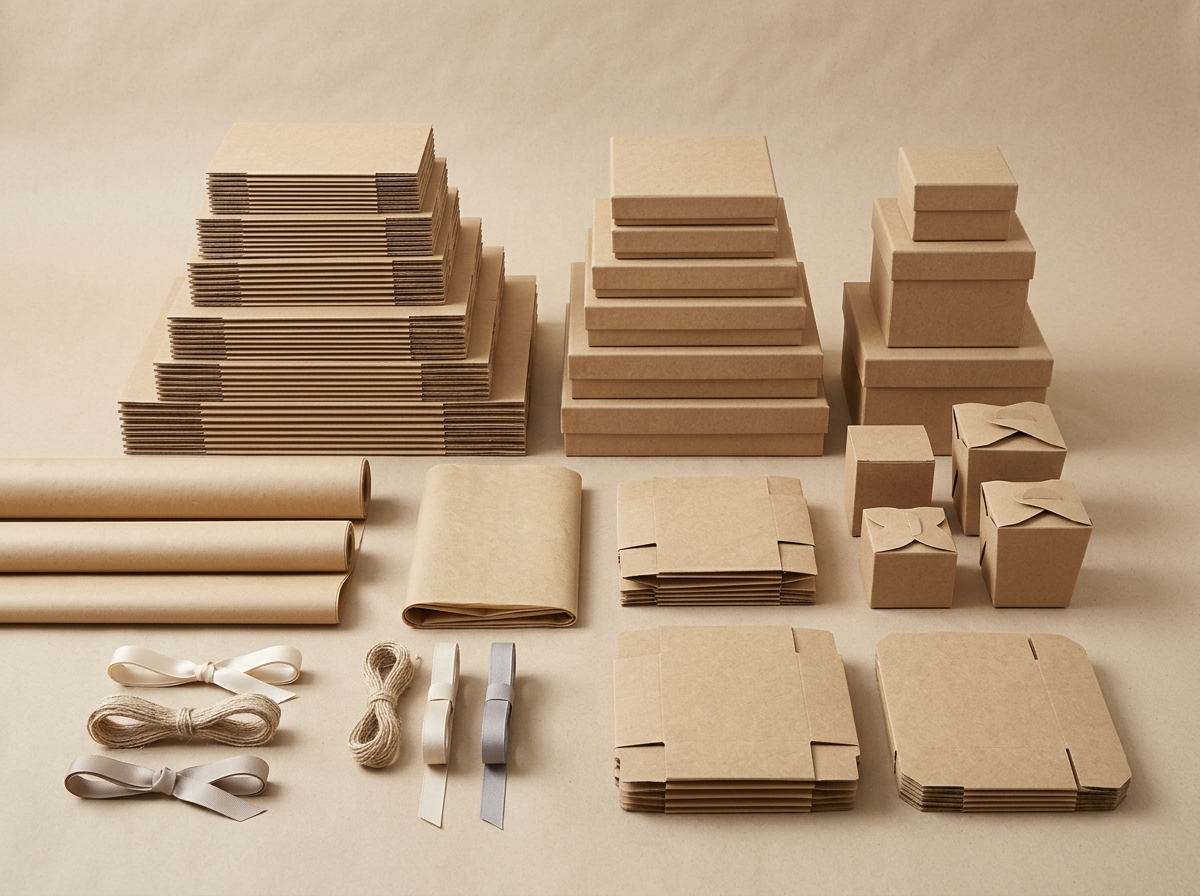 Warehouse storage showing flat-packed gift boxes efficiently stacked