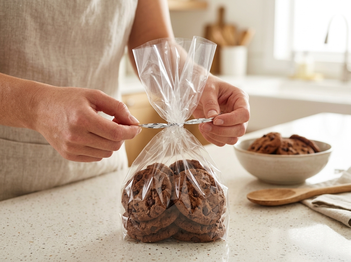Hands sealing cellophane bag filled with cookies using twist tie