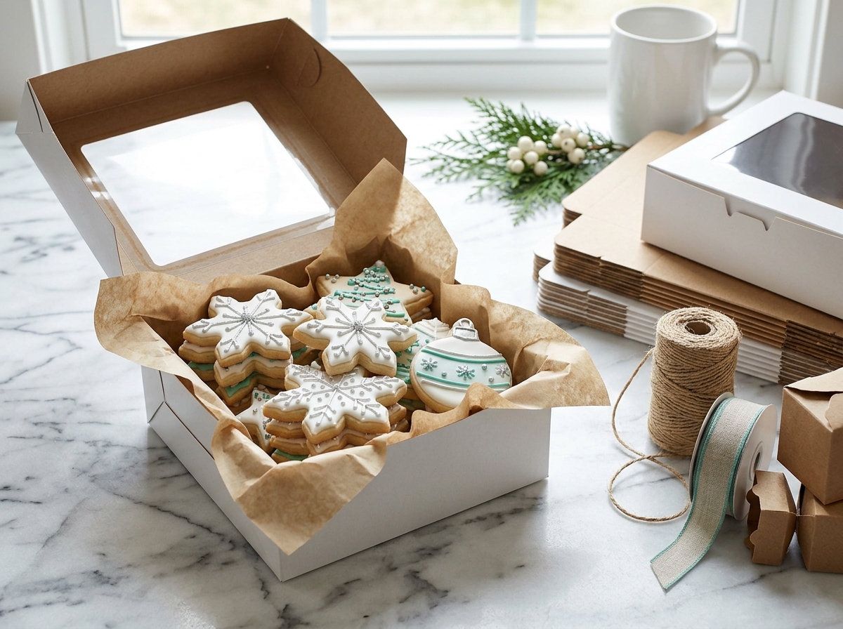 White window bakery box open showing decorated cookies with tissue paper