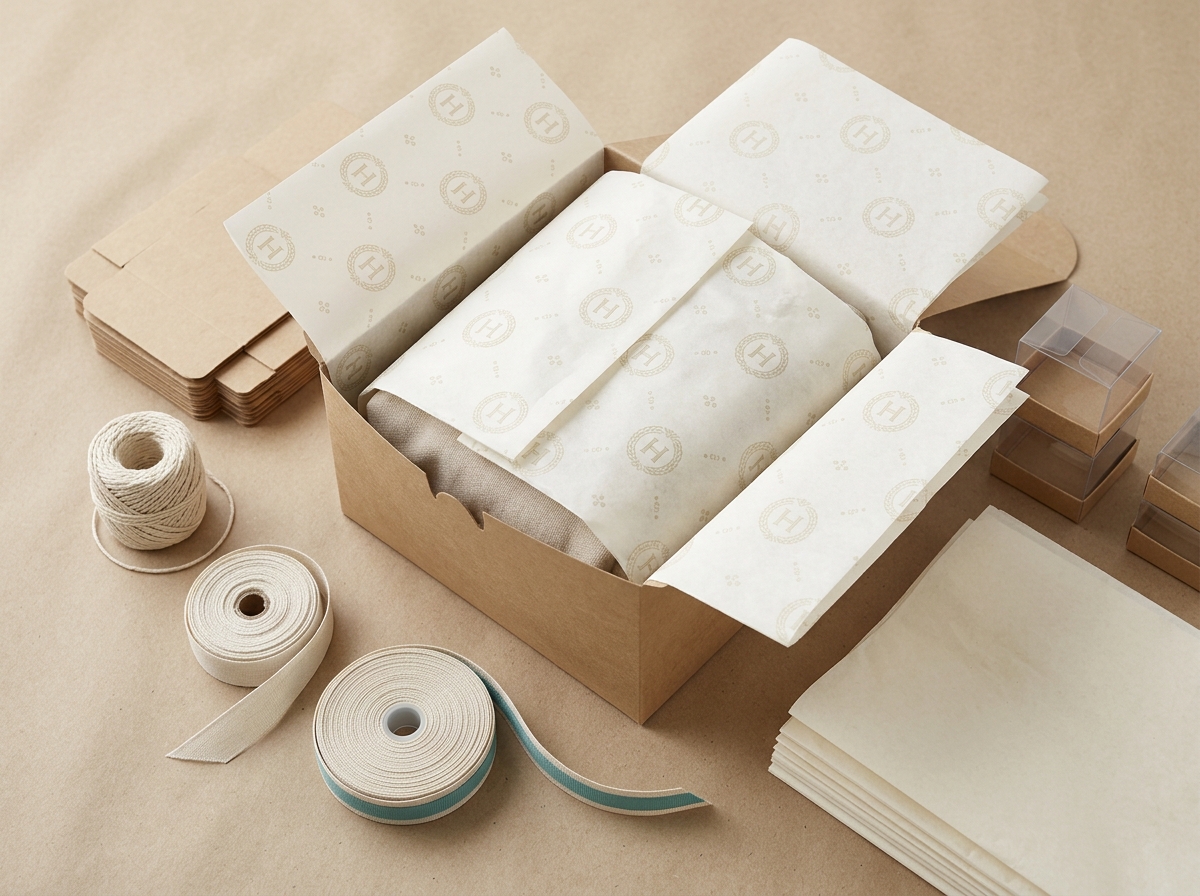 Hands wrapping product in custom branded tissue paper inside gift box