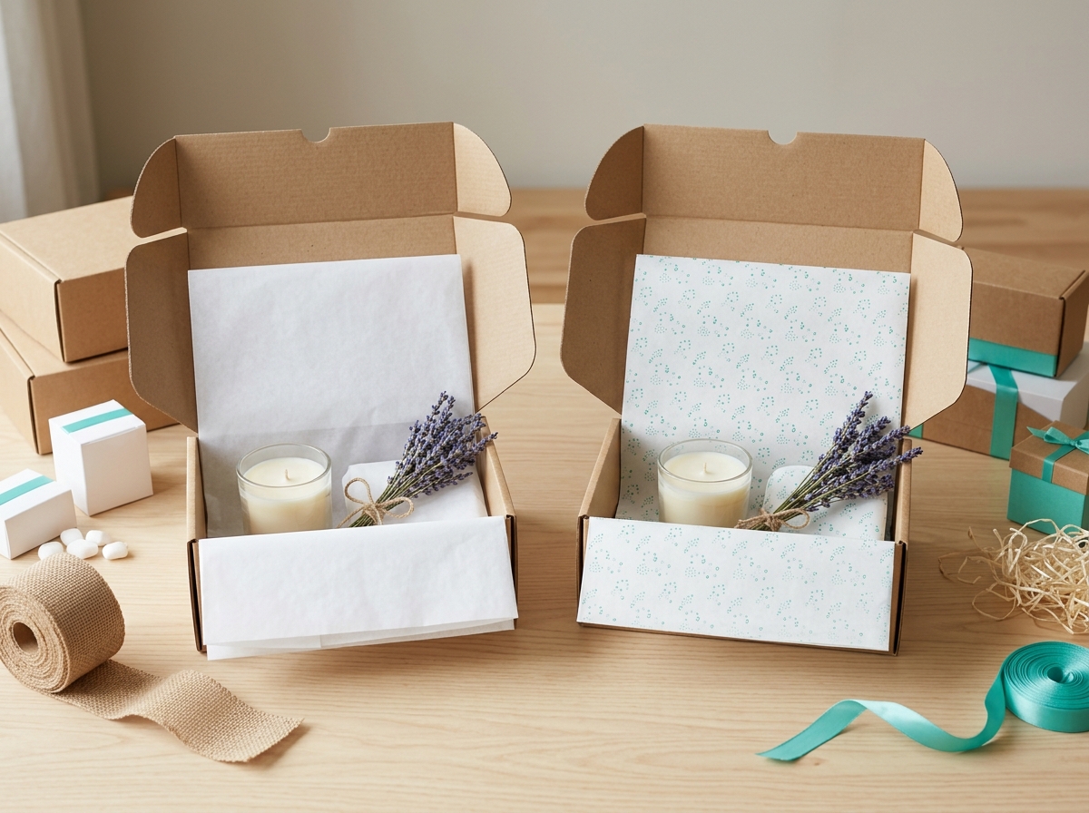 Comparison of plain tissue paper versus custom printed tissue paper in packaging