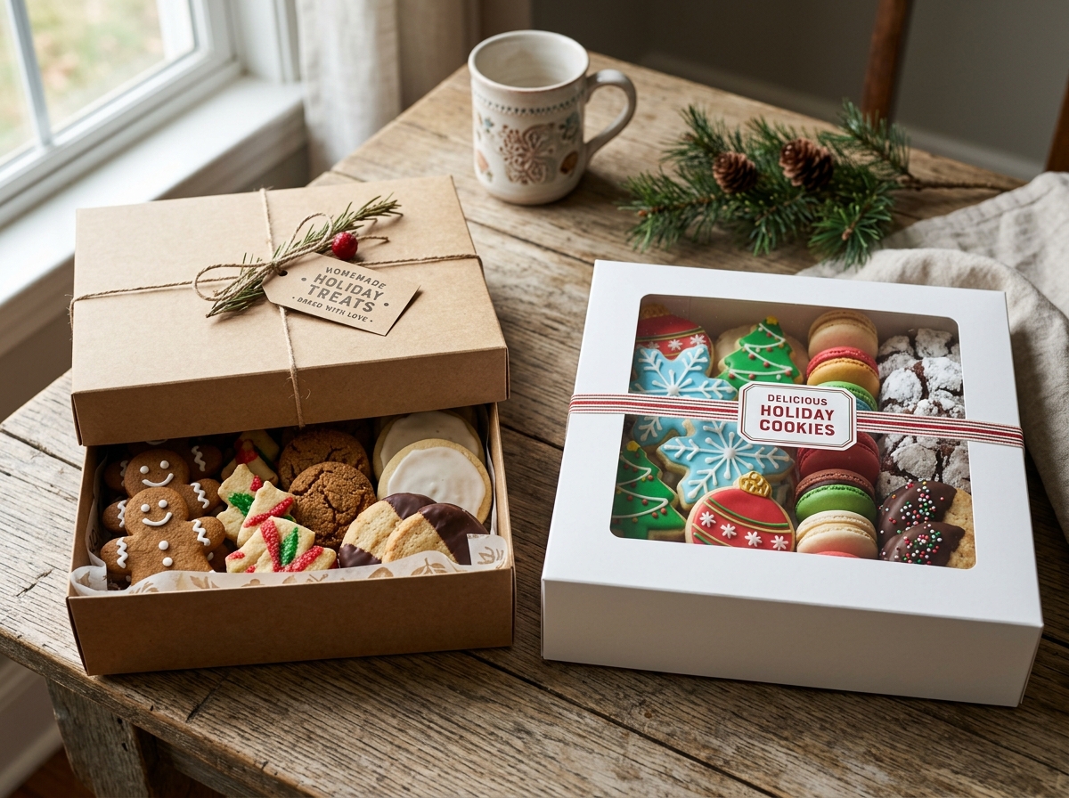 Side-by-side comparison of kraft paper and clear window cookie boxes on wooden table