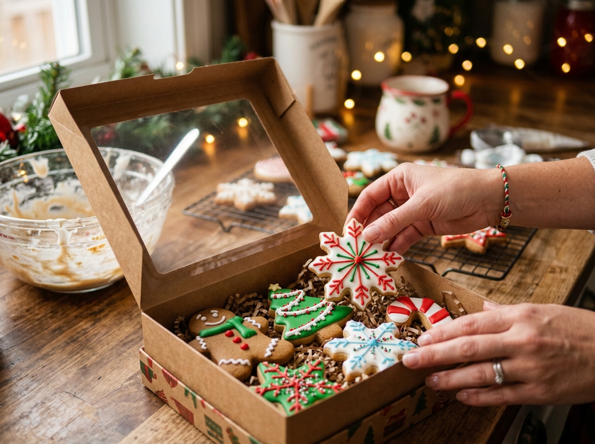 Hands placing decorated Christmas cookies into clear window gift box