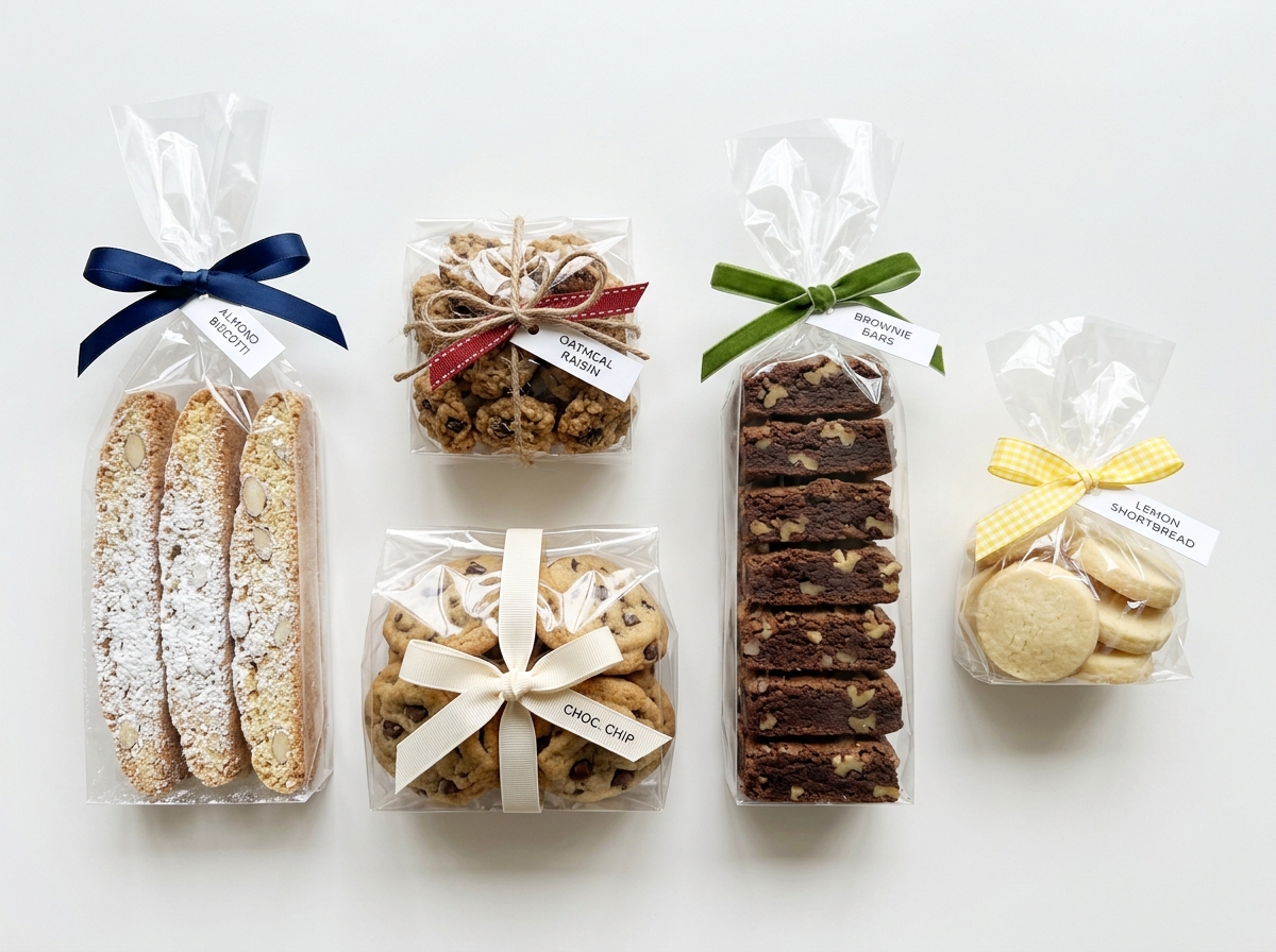 Cellophane bags in various sizes filled with different cookie types tied with ribbon