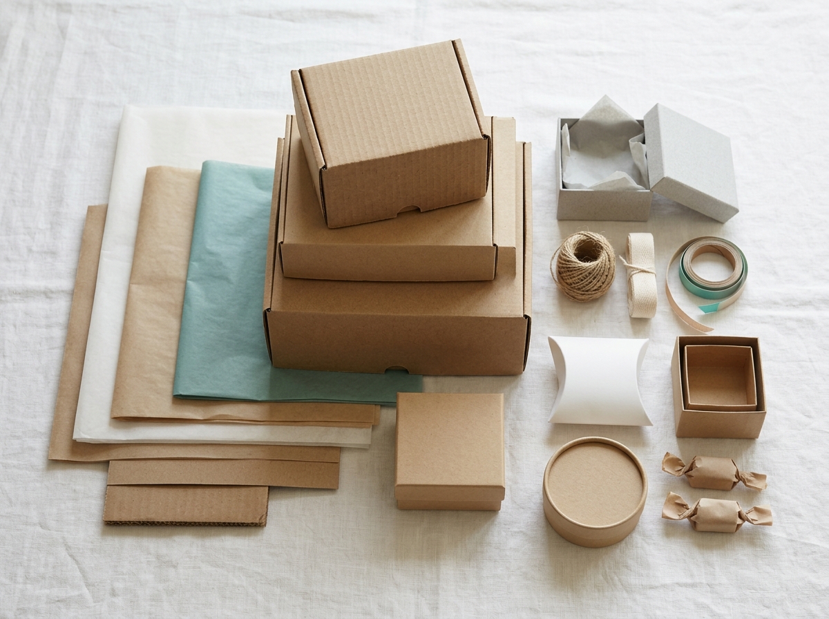 Different packaging materials side by side showing kraft, corrugated, and rigid boxes