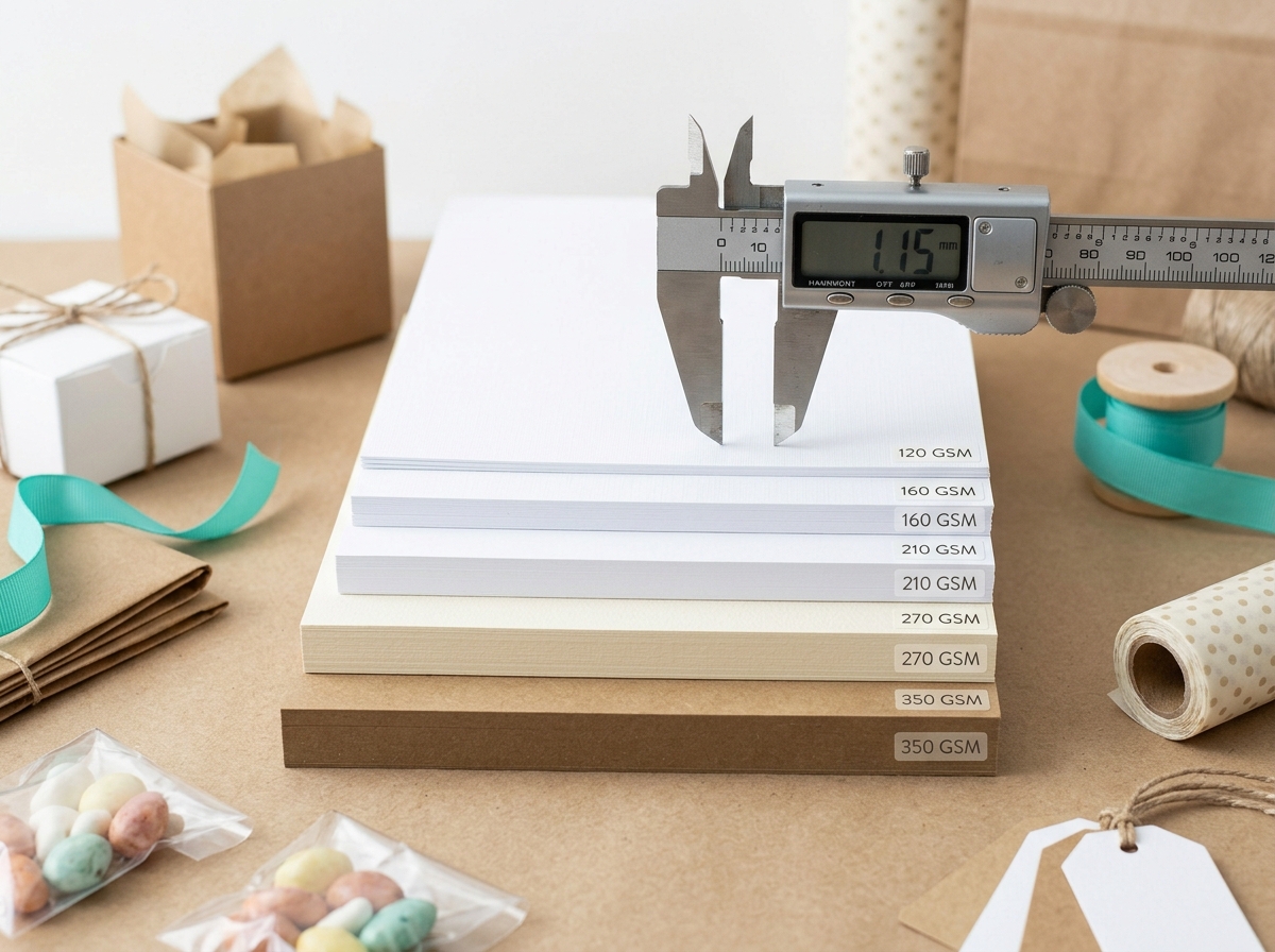 Stacked cardstock sheets showing thickness differences with measurement tool