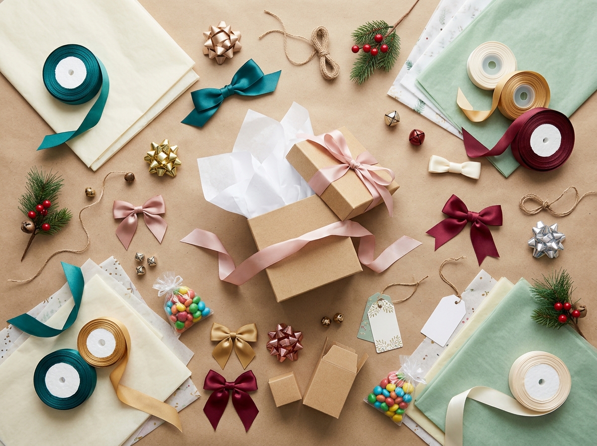 Variety of gift box embellishments including ribbons, tissue paper, and decorative elements