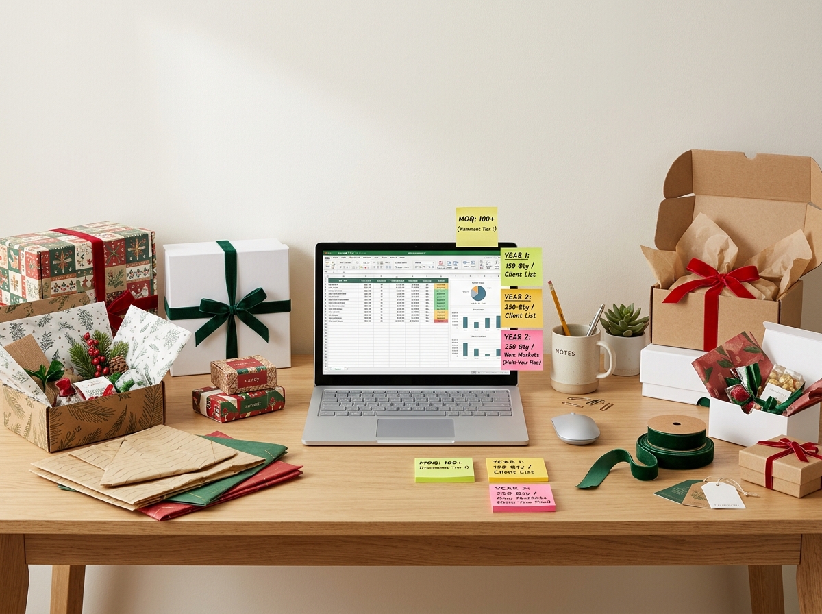 Corporate desk with gift box samples and MOQ planning spreadsheet
