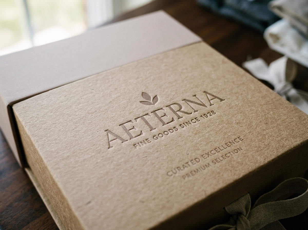 Quiet branding detail on corporate gift box showing embossed logo
