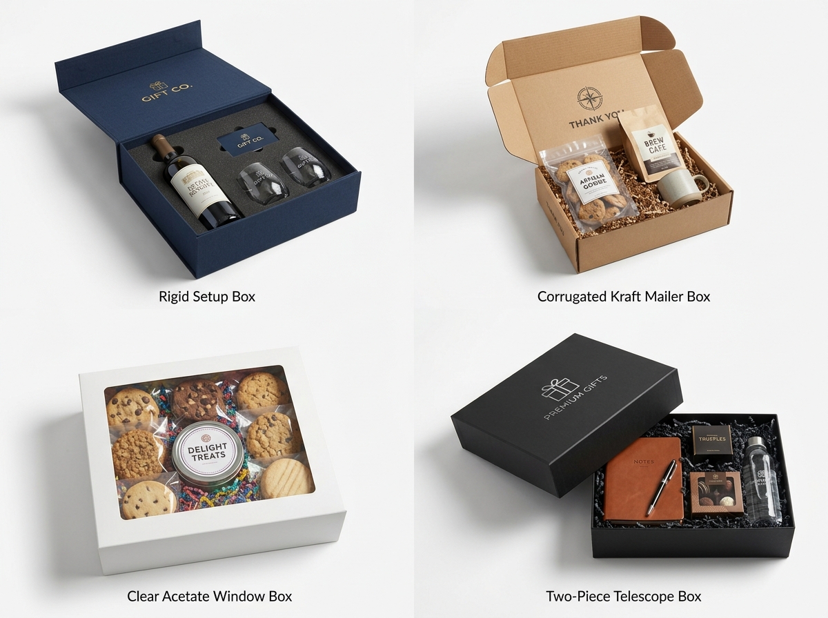 Comparison of corporate gift box types with appropriate contents