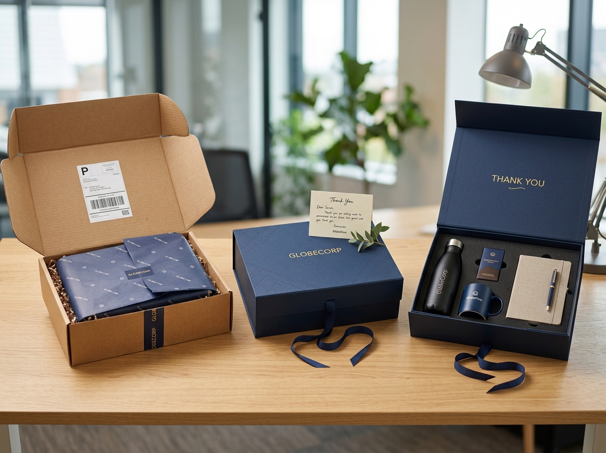 Corporate gift unboxing sequence showing layered presentation
