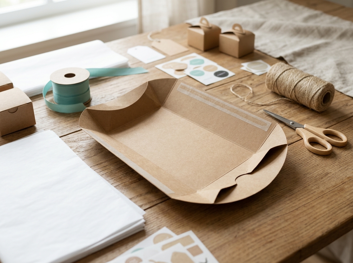 Hands folding pillow box curved flaps on wooden craft table