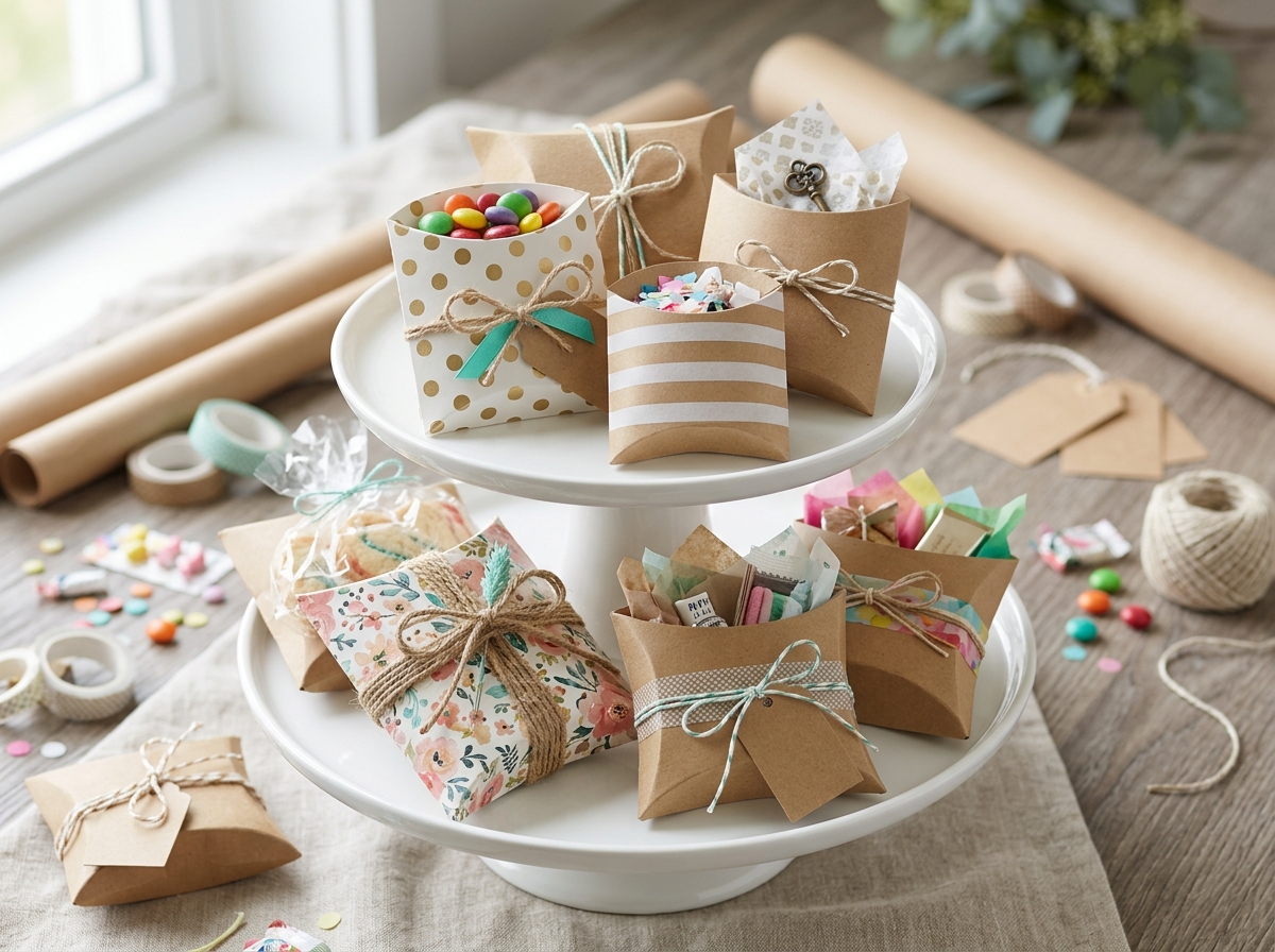 Decorated pillow boxes filled with party favors on white tiered serving trays