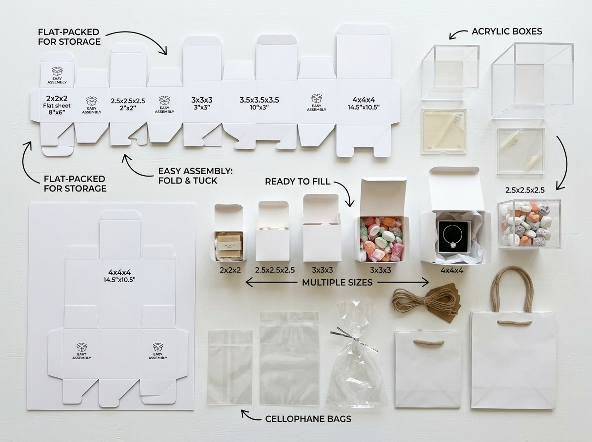 Flat lay of fast-assembly packaging options including tuck-top boxes and cellophane bags arranged by size