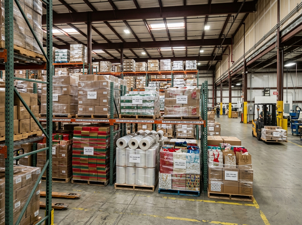 Warehouse storage with organized pallets of bulk packaging supplies for Black Friday fulfillment