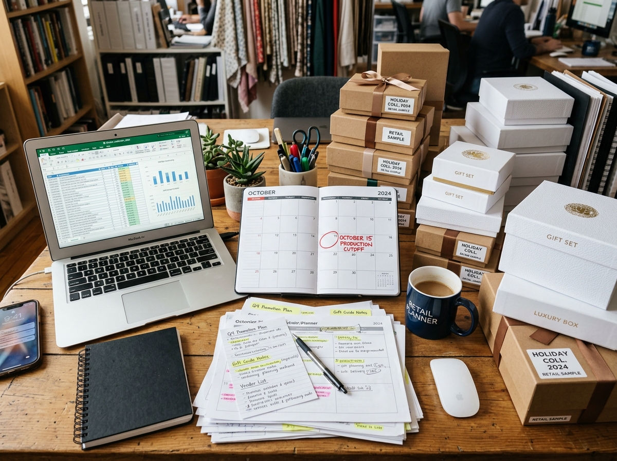 Retail planner reviewing Black Friday packaging timeline with October cutoff date marked on calendar