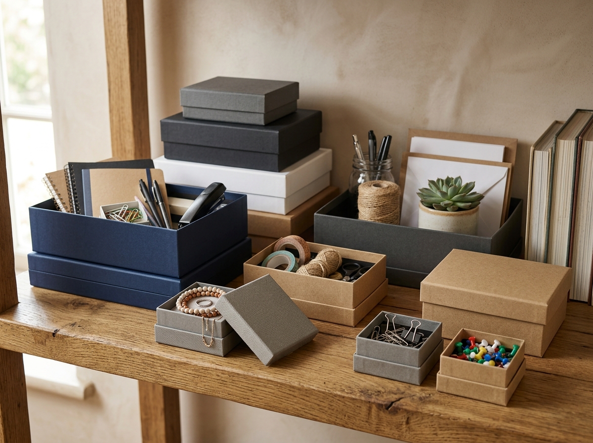 Reused corporate gift boxes repurposed for home storage