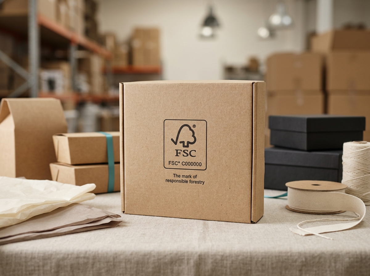 FSC certification logo on kraft gift box with recycled paper texture