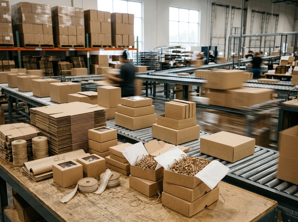Warehouse worker assembling eco-friendly gift boxes on fulfillment line