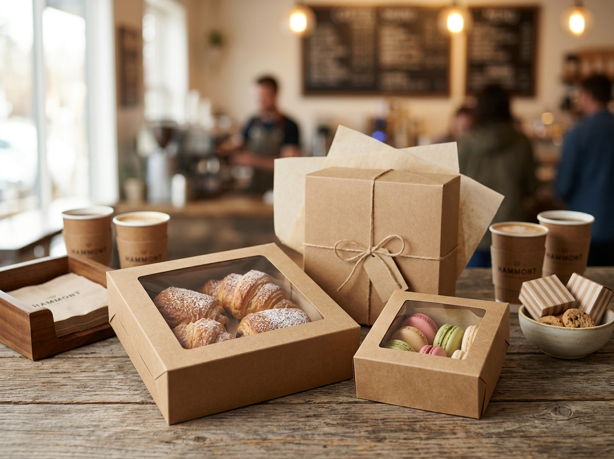 Kraft bakery boxes with clear windows displaying pastries on coffee shop counter