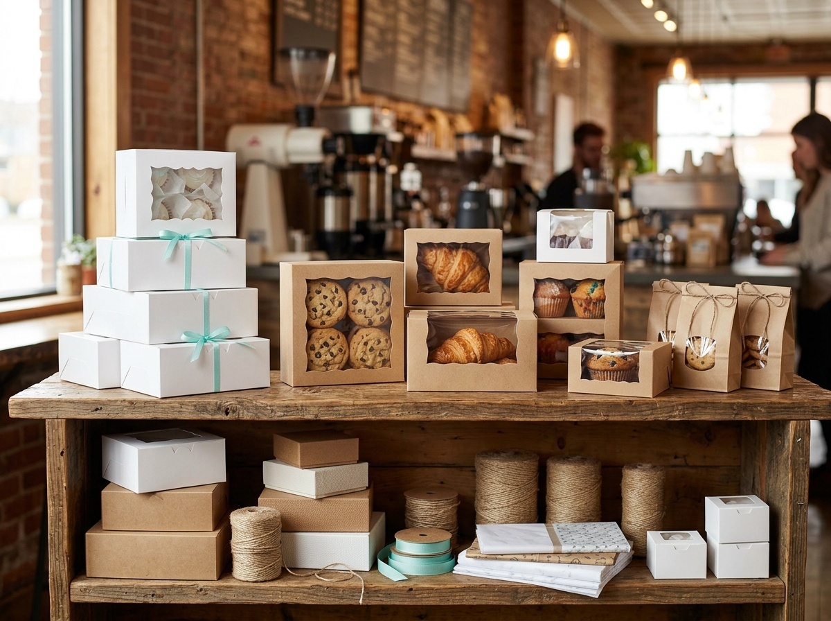 Assortment of coffee shop pastry packaging on wooden shelving in cafe interior