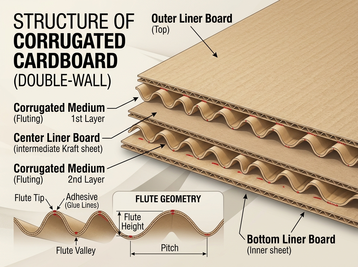 Cross-section comparison of kraft paperboard, corrugated cardboard fluting, and thick rigid box board materials