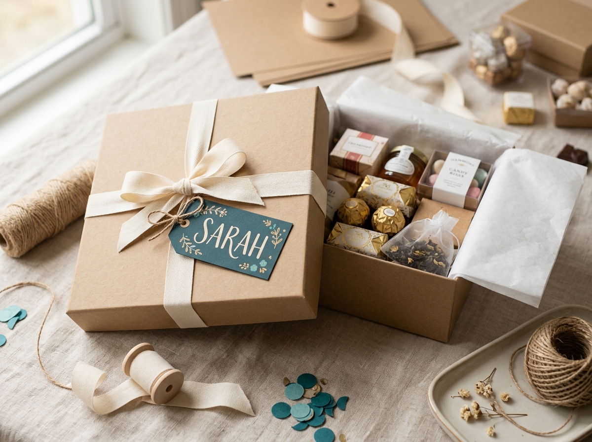 Personalized birthday gift box with custom name tag and ribbon