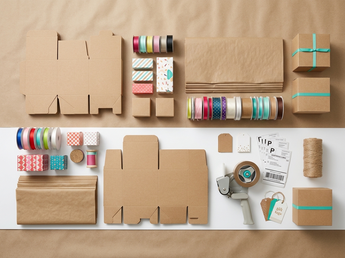 Warehouse worker folding one-piece kraft gift box at packing station
