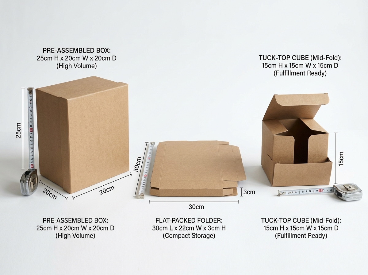 Side-by-side comparison of flat-pack versus pre-assembled packaging formats