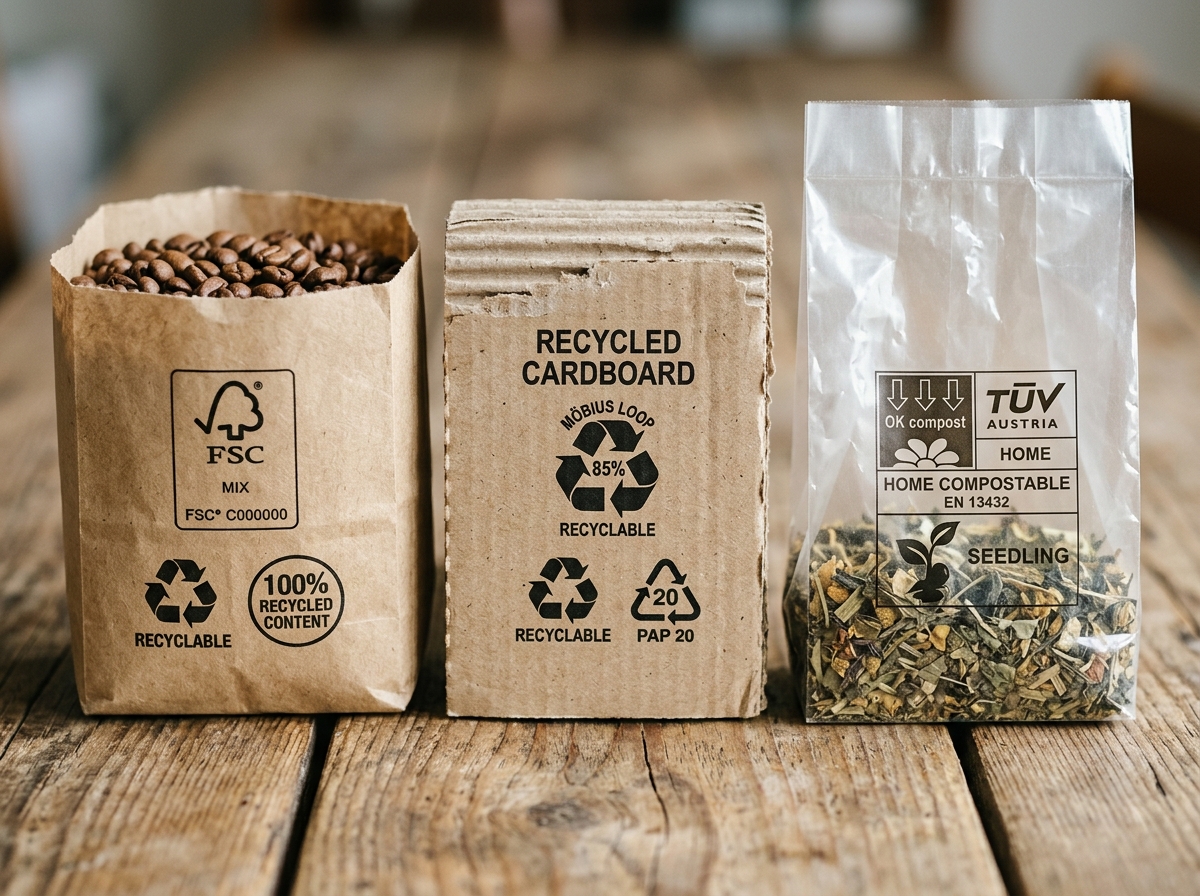 Comparison of sustainable packaging materials showing kraft boxes, recycled cardboard, and compostable bags with FSC and compostable certification symbols