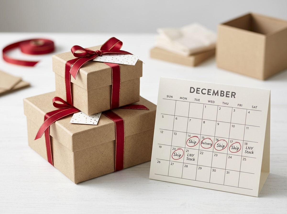 Stacked kraft gift boxes with red ribbon next to December shipping calendar