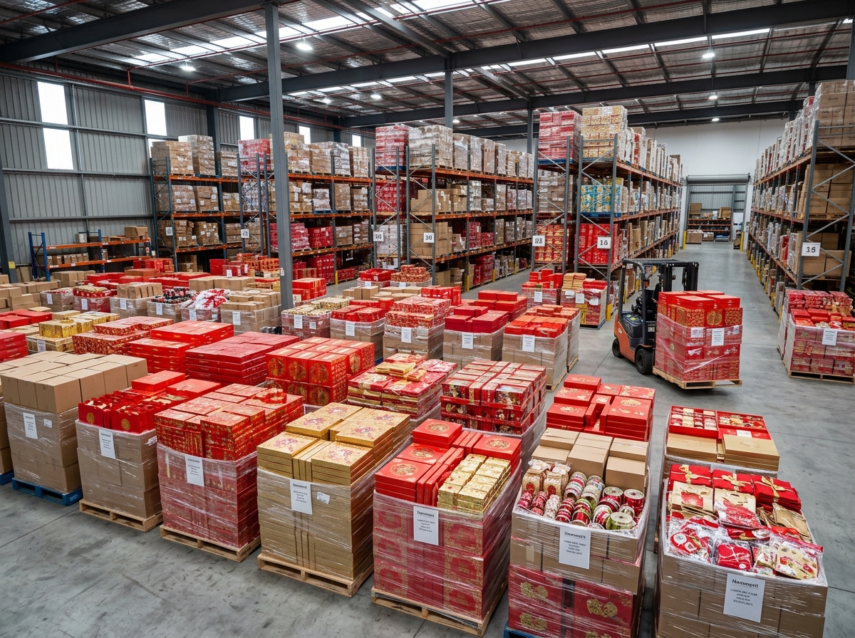 Warehouse with pallets of red and gold gift boxes for retail inventory planning