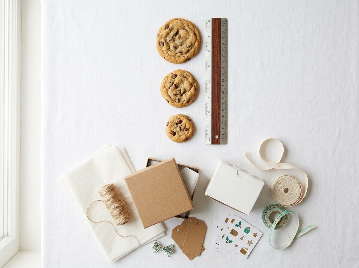 Three standard cookie sizes with ruler showing 2-inch, 3-inch, and 4-inch diameters