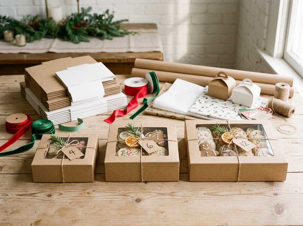 Window bakery boxes in three sizes with visible cookie counts