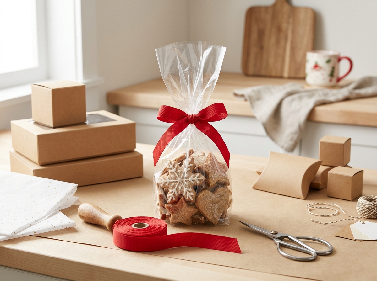 Clear cellophane bags filled with cookies tied with colorful ribbons