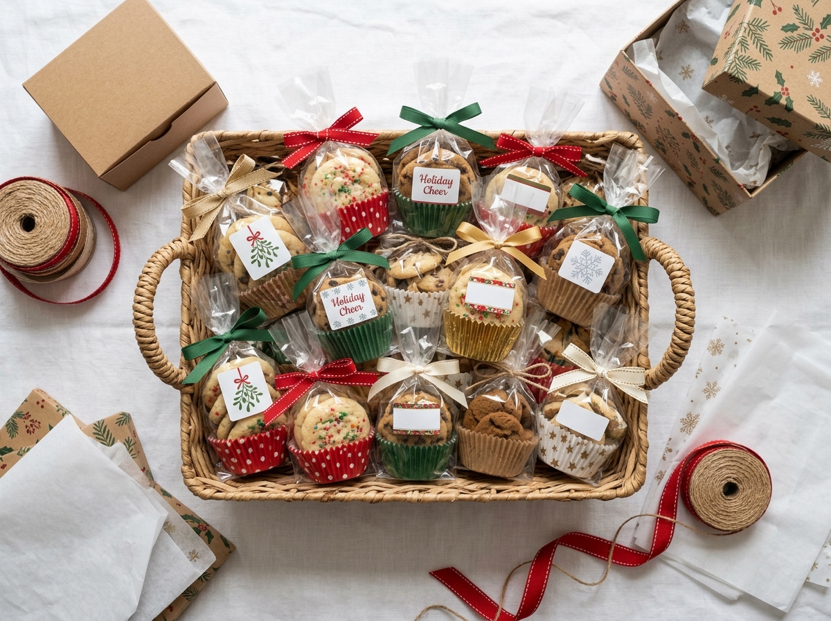 Cellophane cookie bags with cupcake liner inserts and custom labels