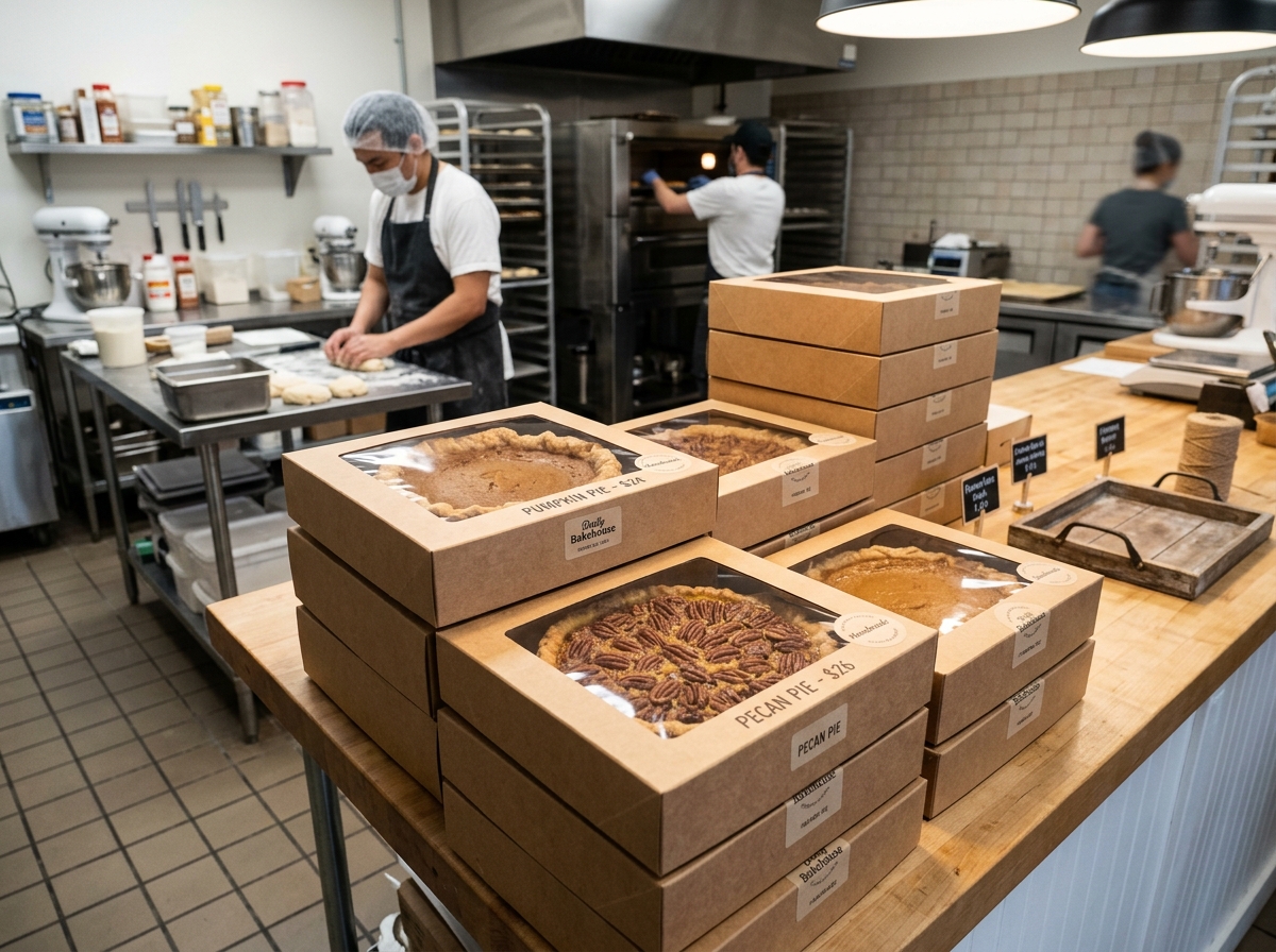 Stacked kraft pie boxes with clear windows displaying pumpkin and pecan pies on bakery counter