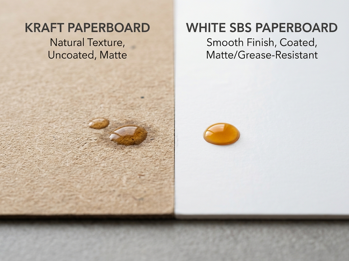 Side-by-side comparison of kraft and white SBS pie boxes with material texture detail