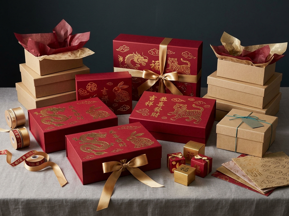 Red gift boxes with embossed gold zodiac animal designs and traditional Chinese calligraphy