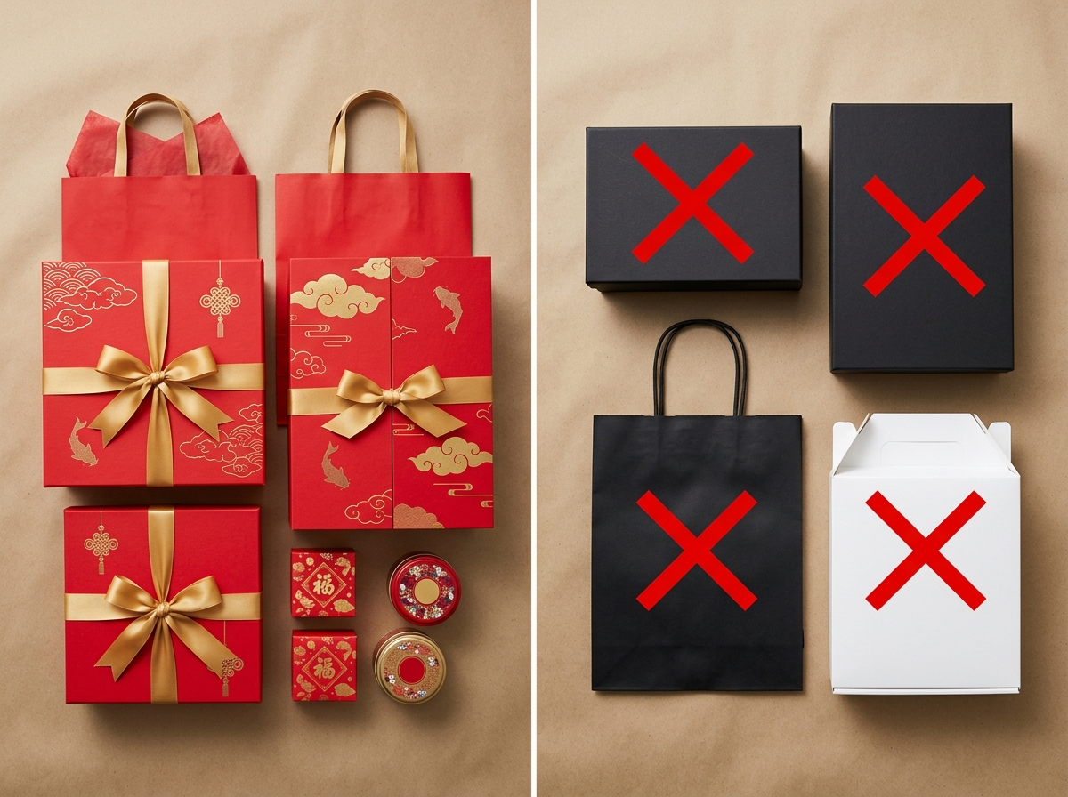 Comparison of traditional red and gold Lunar New Year packaging versus inappropriate black and white packaging