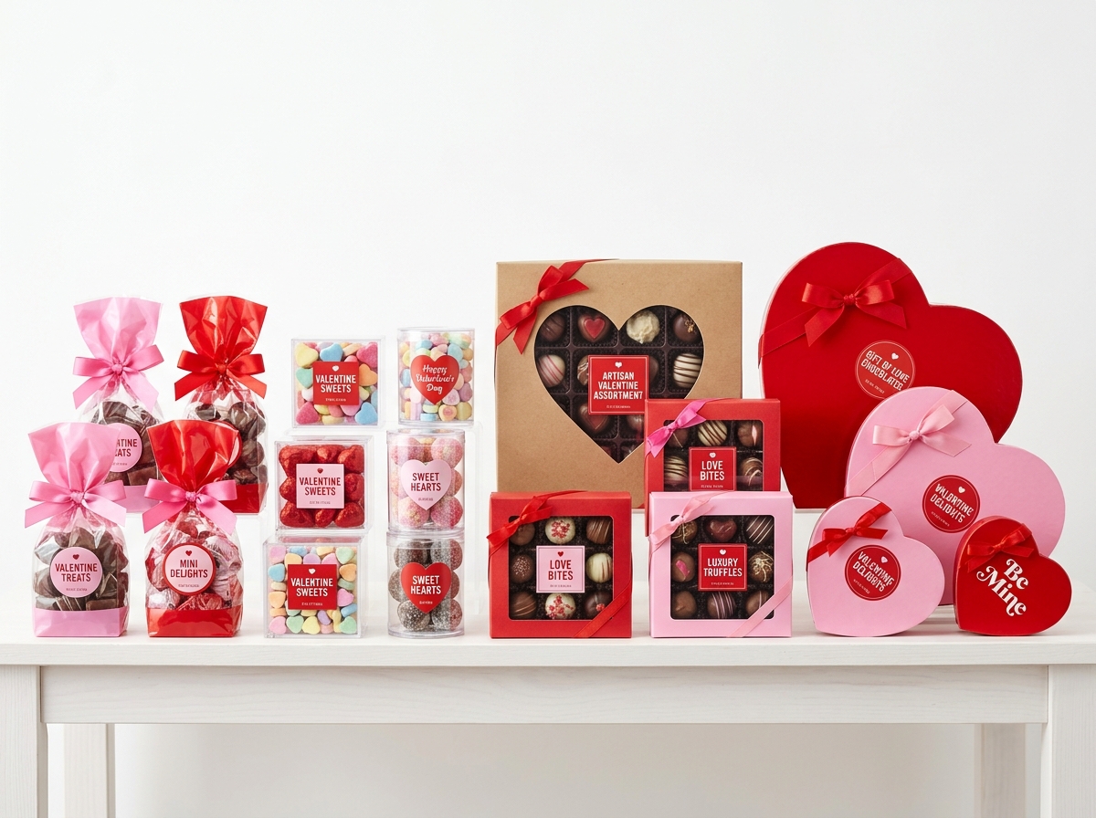 Assorted Valentine candy packaging formats including heart boxes and clear containers on display