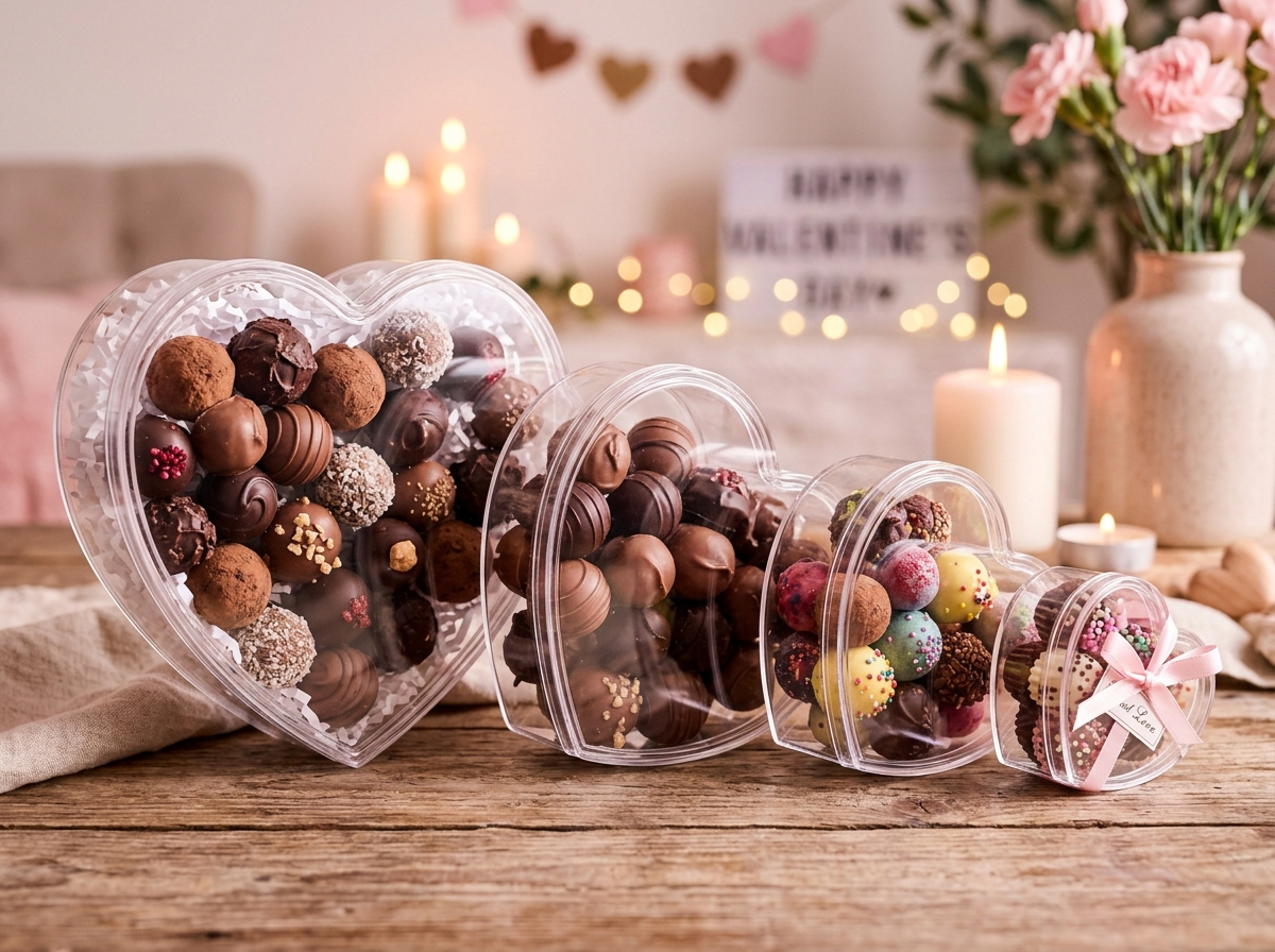Heart-shaped candy boxes in various sizes filled with chocolate truffles