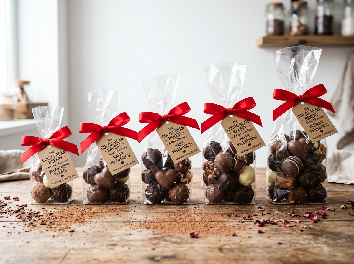 Cellophane bags filled with Valentine chocolates tied with ribbon