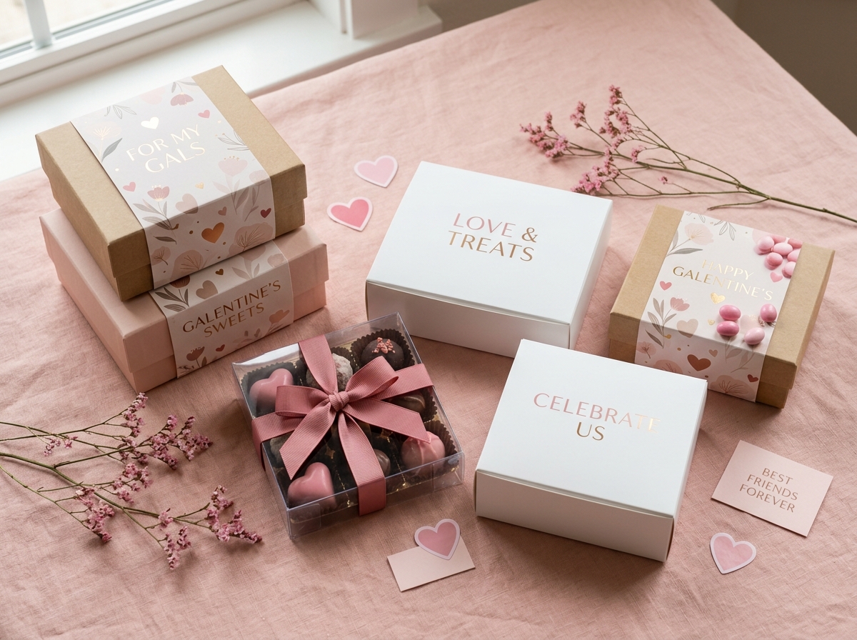 Pink and neutral Valentine candy packaging suitable for Galentine's Day gifting