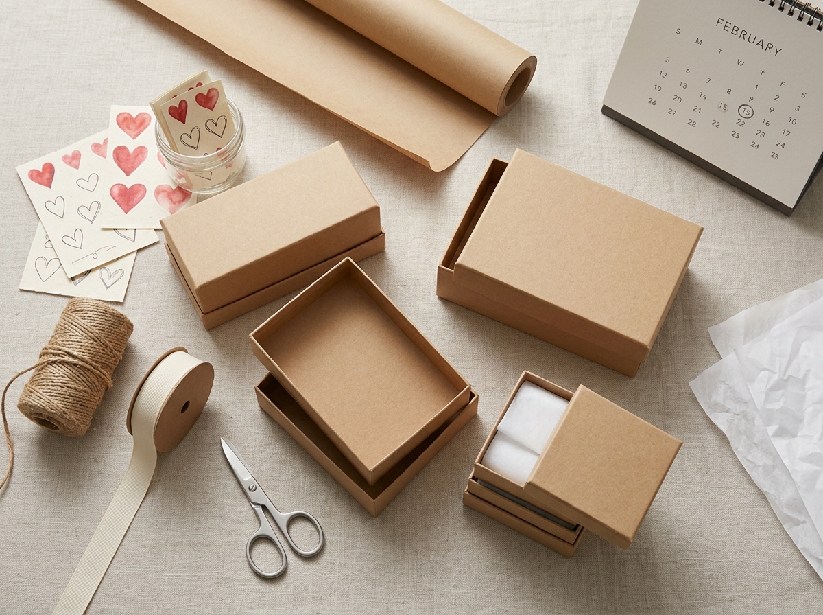 Small business owner labeling limited-edition Valentine's Day gift boxes with heart stickers