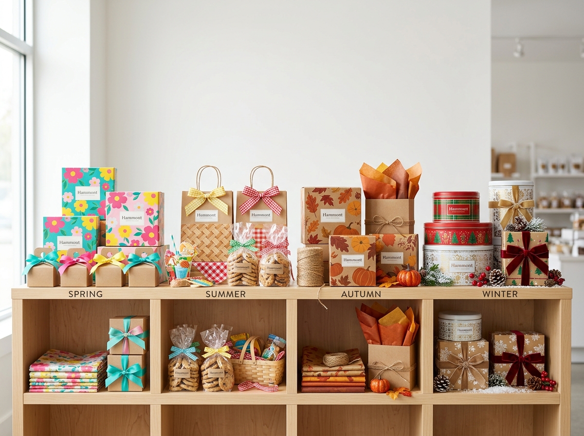 Retail shelf display showing seasonal cookie packaging from spring through winter