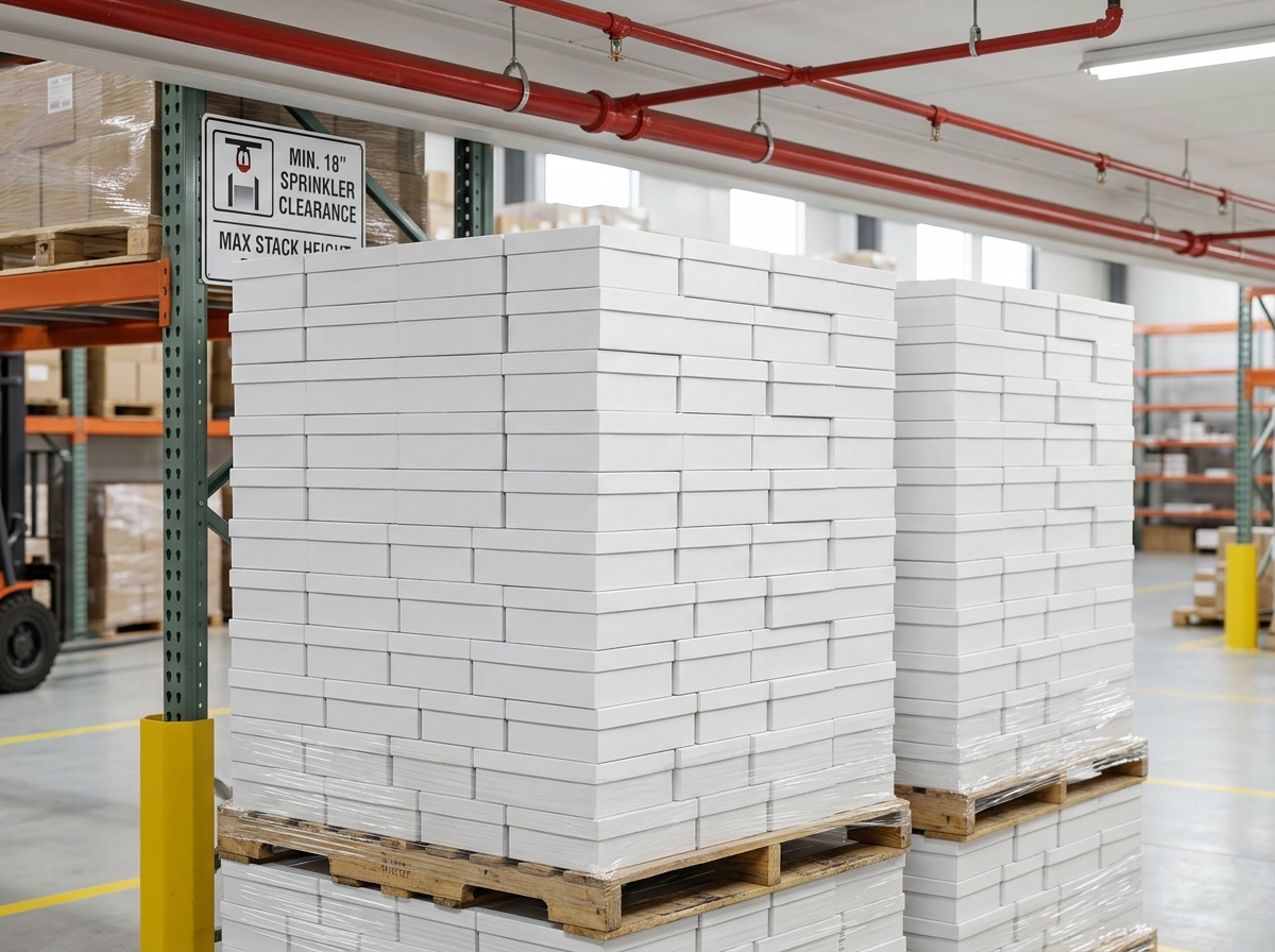 Properly stacked pallets of white gift boxes with interlocking pattern and sprinkler clearance
