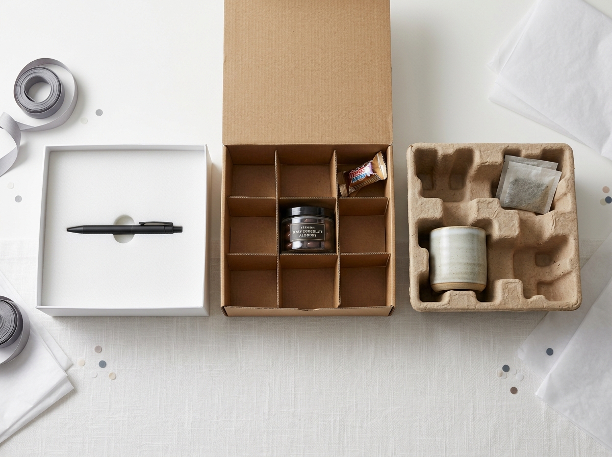 Comparison of foam, cardboard, and molded pulp gift box insert materials