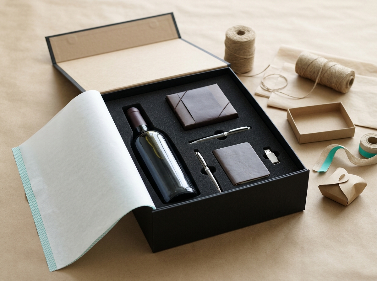 Corporate gift box mid-unboxing showing foam insert with custom cavities